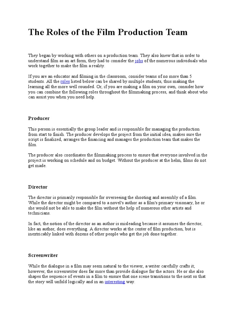 The Roles of The Film Production Team | PDF | Cinematography | Screenplay