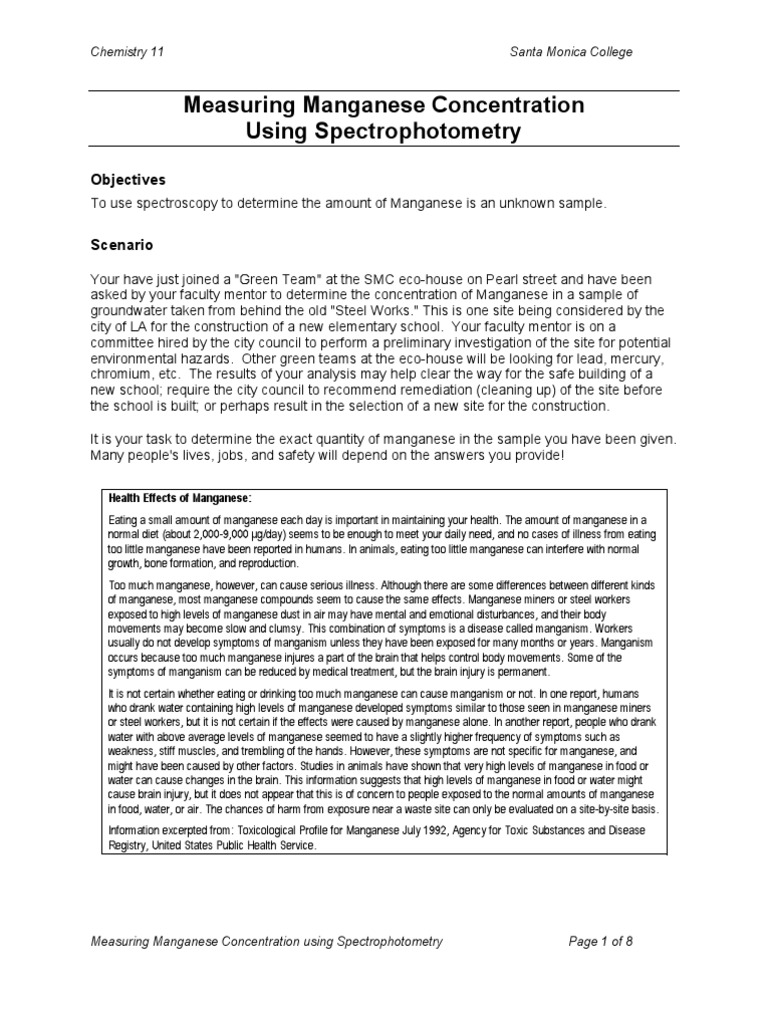 Measuring Manganese Concentration Using Spectrophotometry PDF
