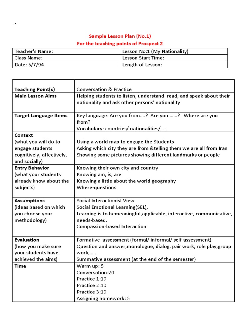Sample Lesson Plan (No.1) For The Teaching Points of Prospect 2 | PDF ...