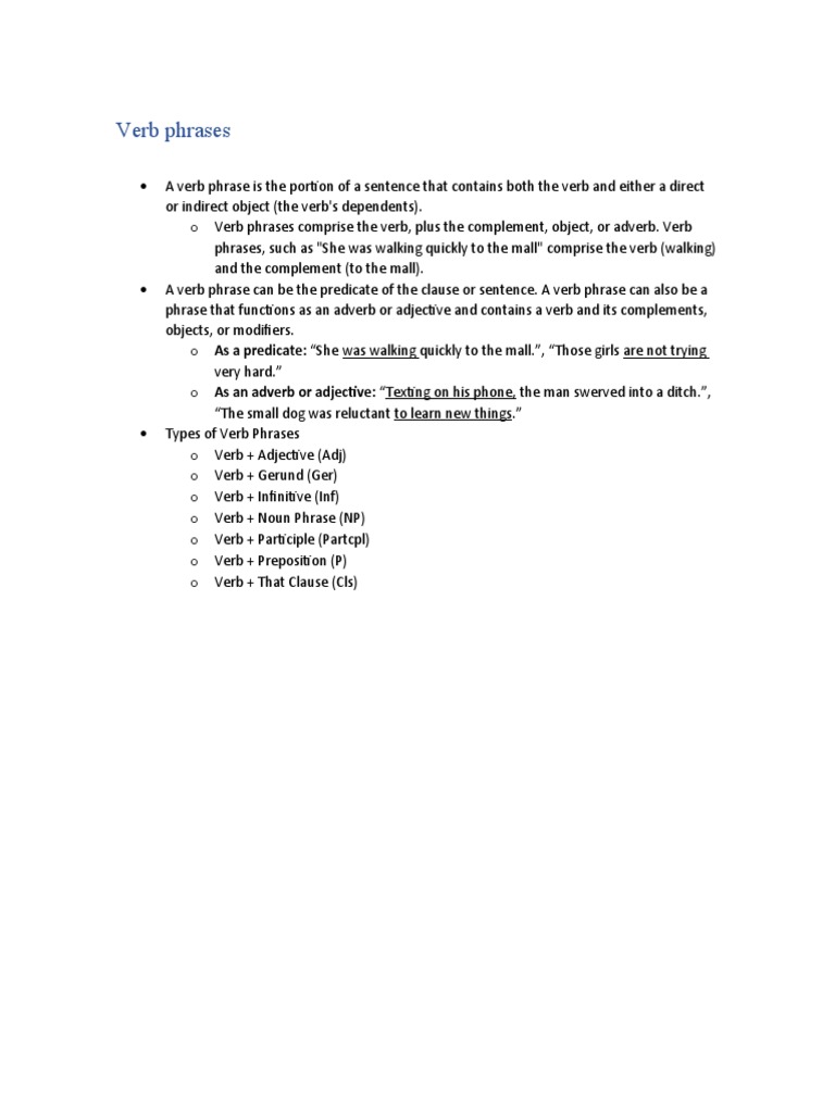 Understanding Verb Phrases and Types | PDF | Object (Grammar) | Verb