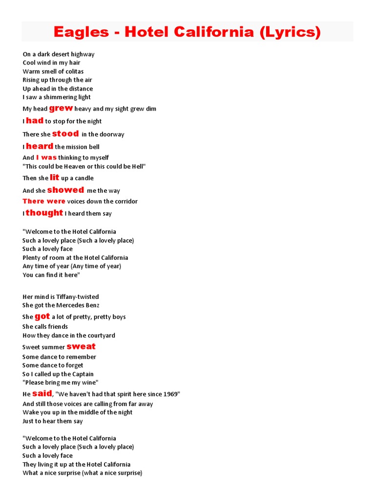 Eagles Hotel California (Lyrics) PDF