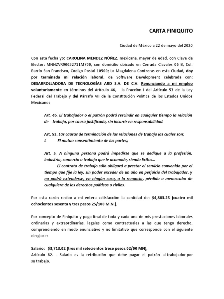 Carta Finiquito | PDF | Salario | Gobierno