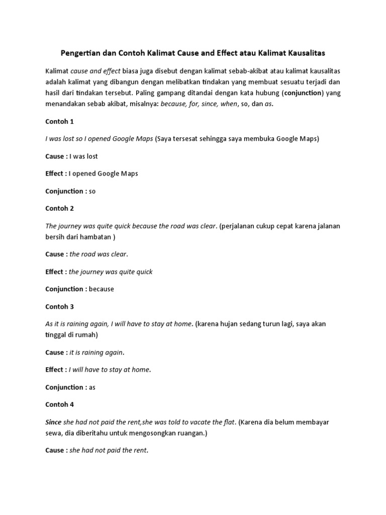 Pengertian Dan Contoh Kalimat Cause and Effect Atau Kalimat Kausalitas