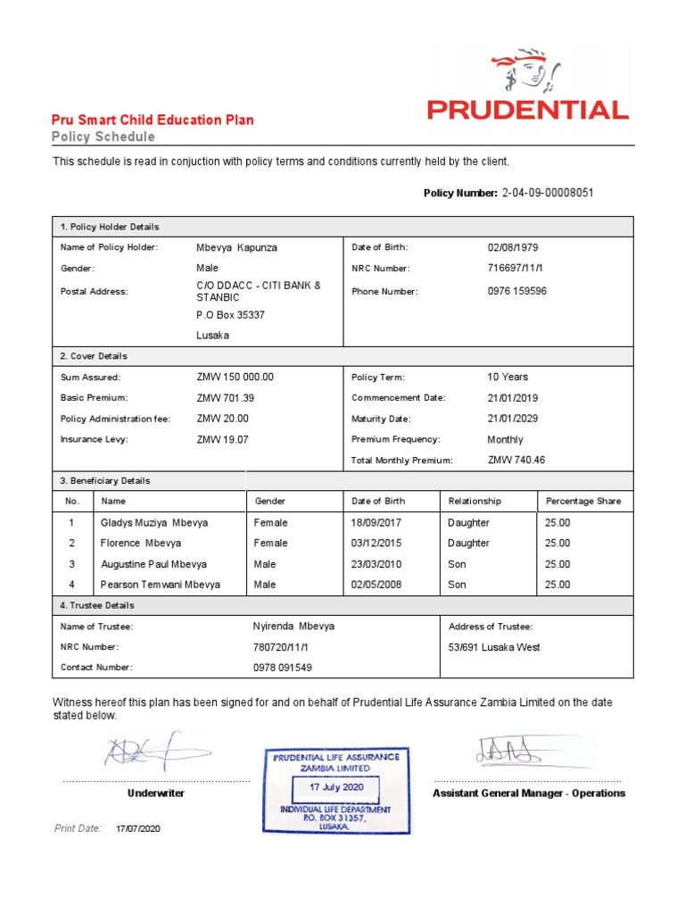 Policy Schedule: Pru Smart Child Education Plan | PDF | Life Insurance ...