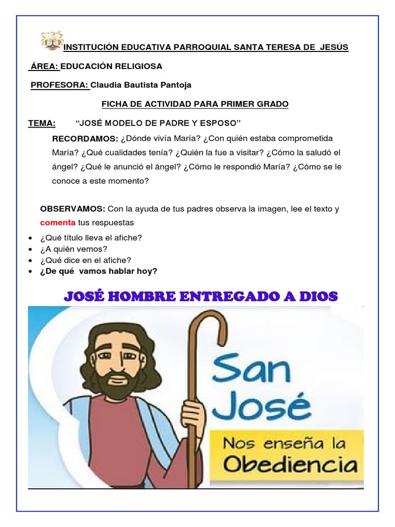 1º Grado Jose Modelo de Padre y Esposo | PDF | San José | María, madre de  Jesús