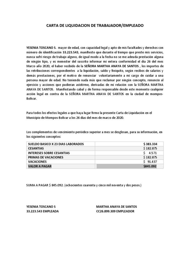 Carta de Liquidacion de Trabajador | PDF