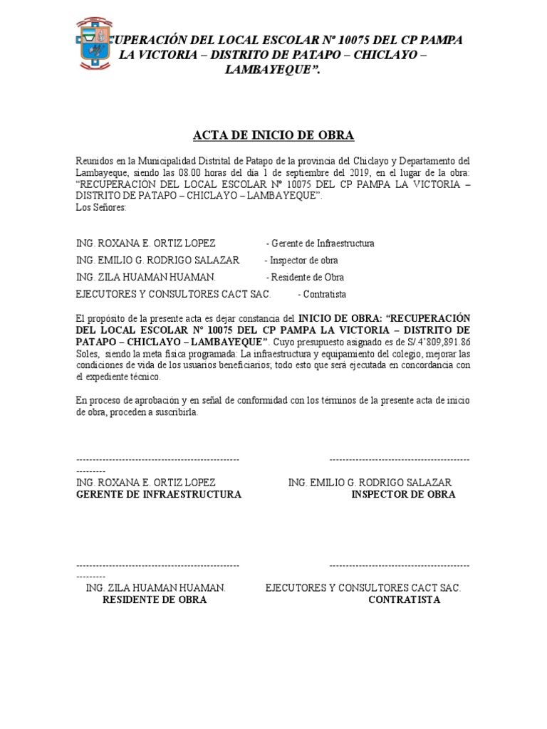 Acta Inicio de Ejecucion de Obra | PDF | Gobierno