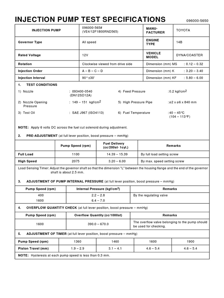 Specification and Adjustment Procedures for an Injection Pump Test on a Toyota Dyna/Coaster with