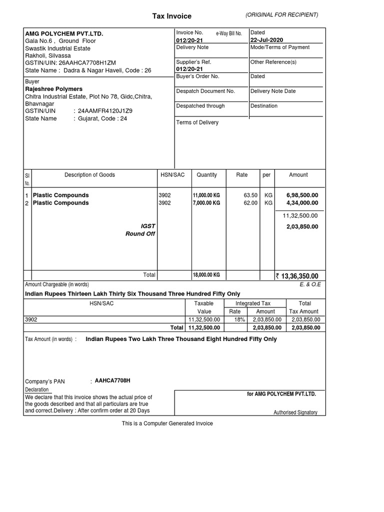 Invoice for Plastic Compounds Sale | PDF | Invoice | Taxes