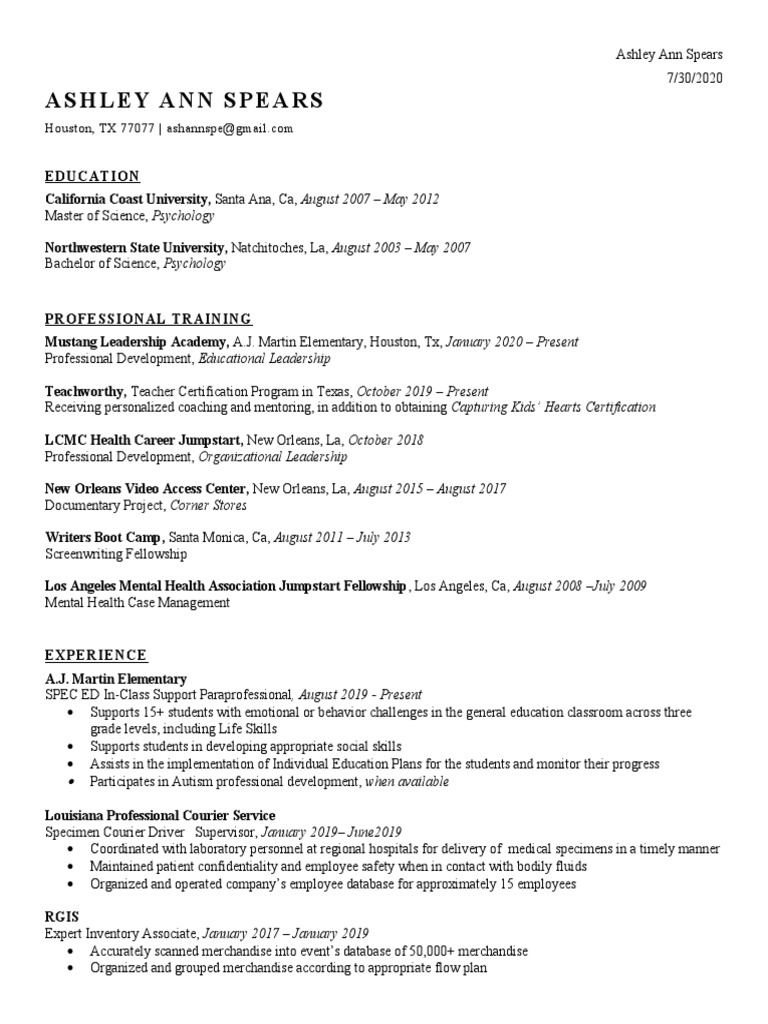 Ashley Ann Spears: Education & Experience | PDF | Mental Health ...