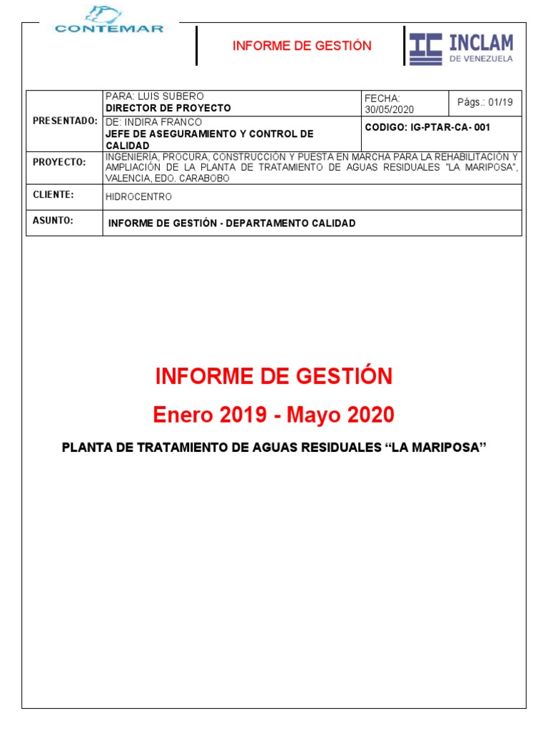 Informe de Gestión Calidad PTAR La Mariposa | PDF | Calidad (comercial ...