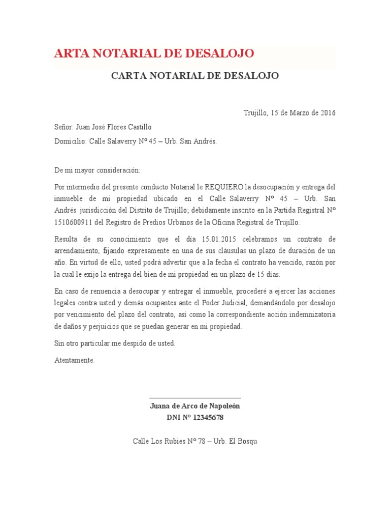 Modelo CARTA NOTARIAL DE DESALOJO PDF
