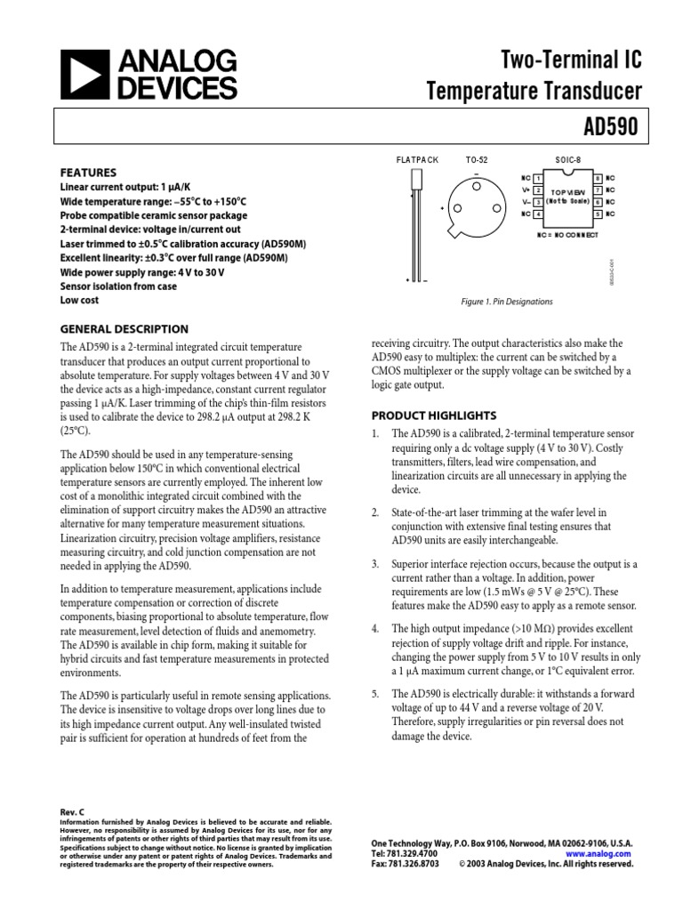 TwoTerminal IC Temperature Transducer AD590 Features PDF