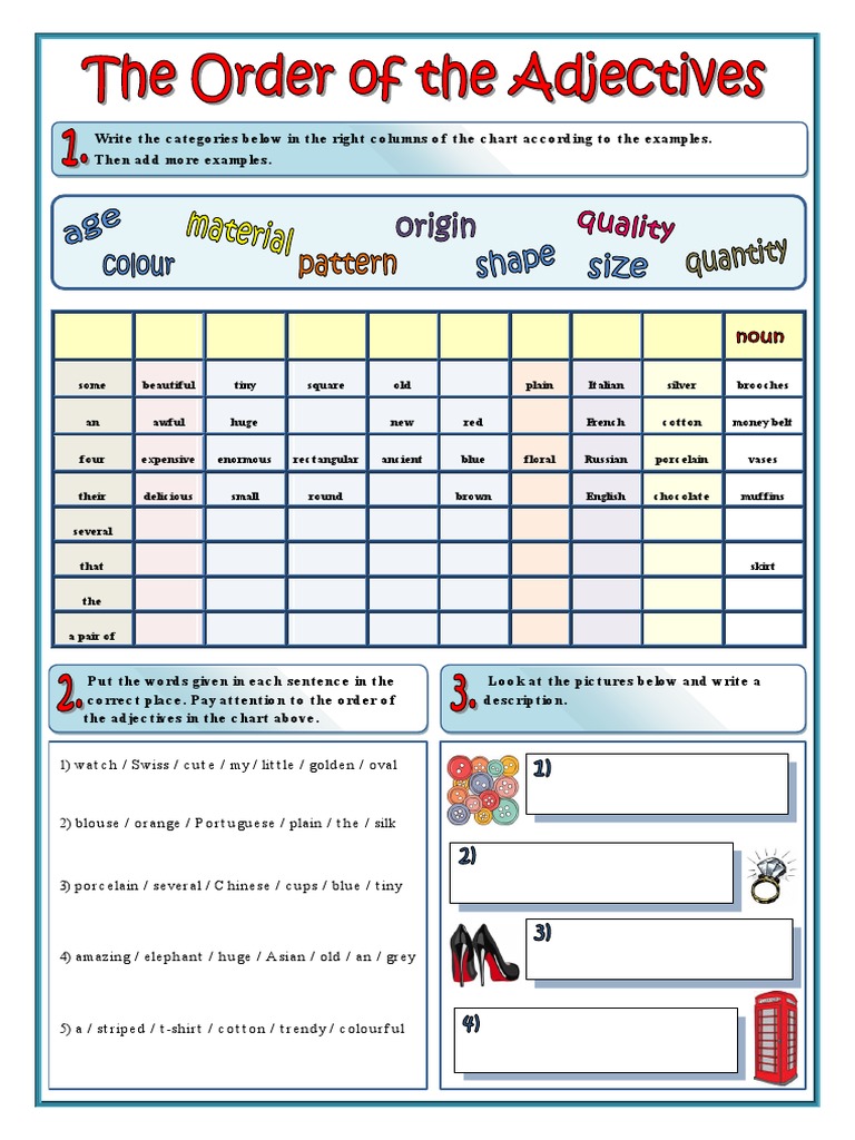 The Order of Adjectives Grammar Drills Picture Description Exercises ...