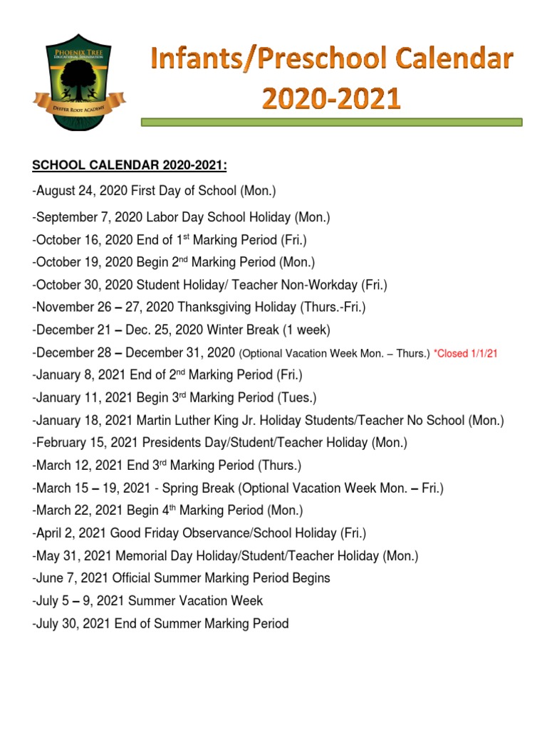 Infant PreK SCHOOL CALENDAR 2020 PDF | PDF