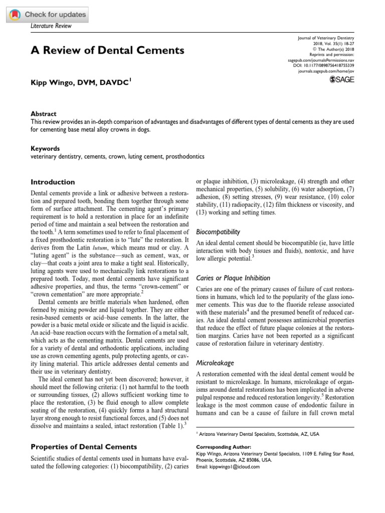 A Review of Dental Cements Kipp Wingo, DVM, DAVDC PDF Dental Composite Dental Material