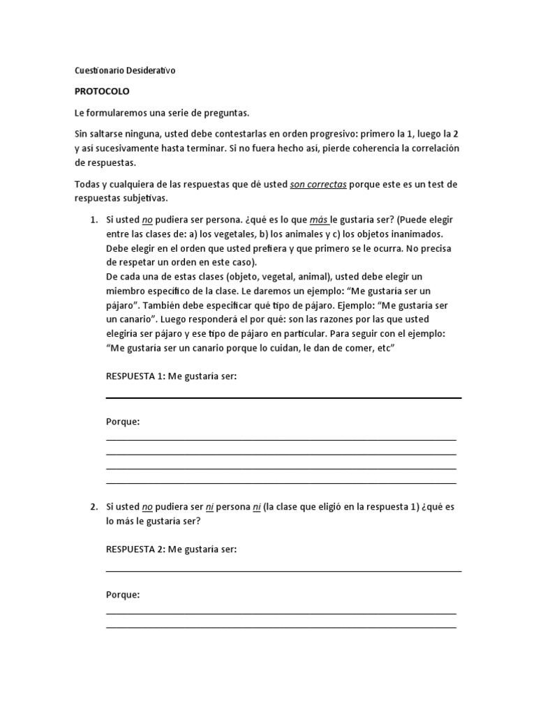 Cuestionario Desiderativo Autoadministrado Cuestionario Science