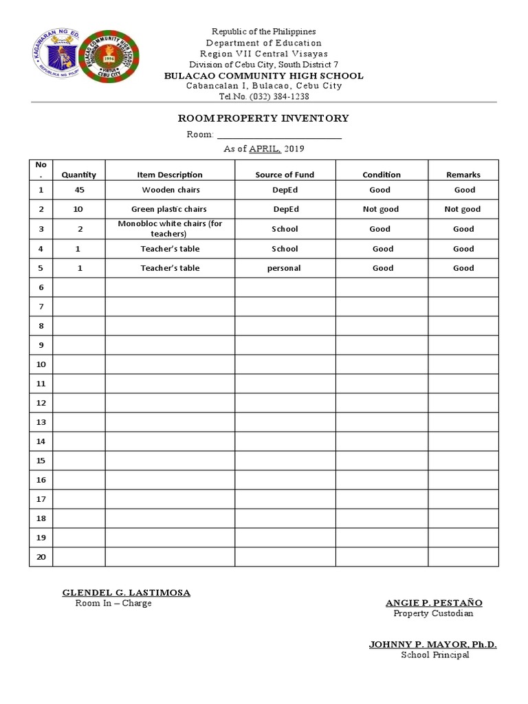 Room Property Inventory 2019 | PDF | Schools