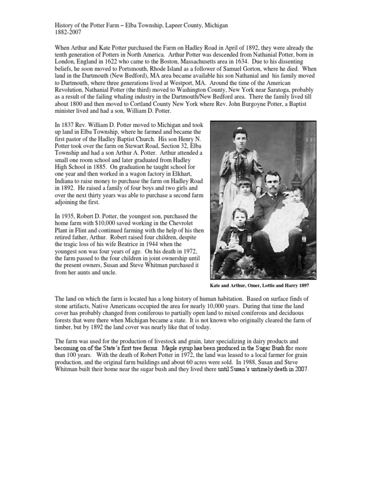Arthur Potter Farm History Pictures and Centennial Farm Application
