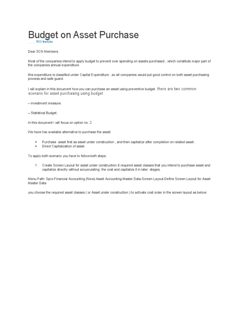 Asset Purchase Budgeting Strategies | PDF | Expense | Budget