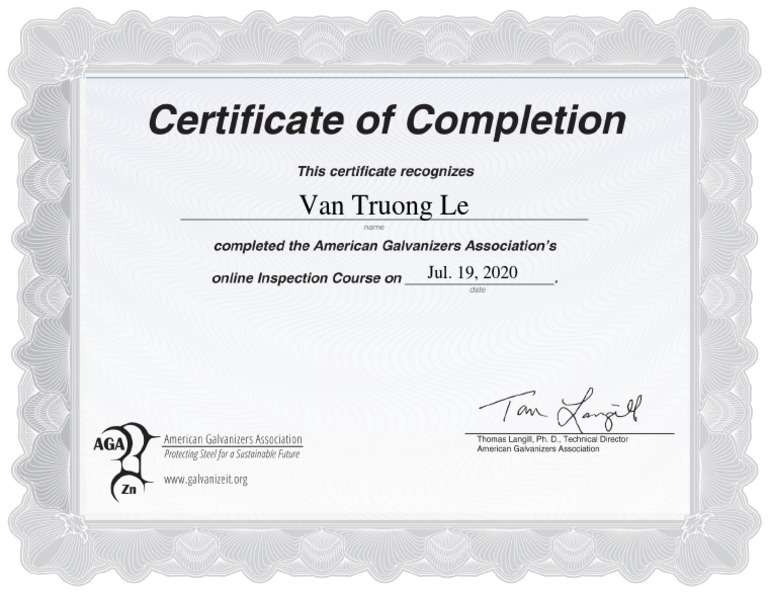 AGA Inspection Course - Certificate of Cpompletion | PDF