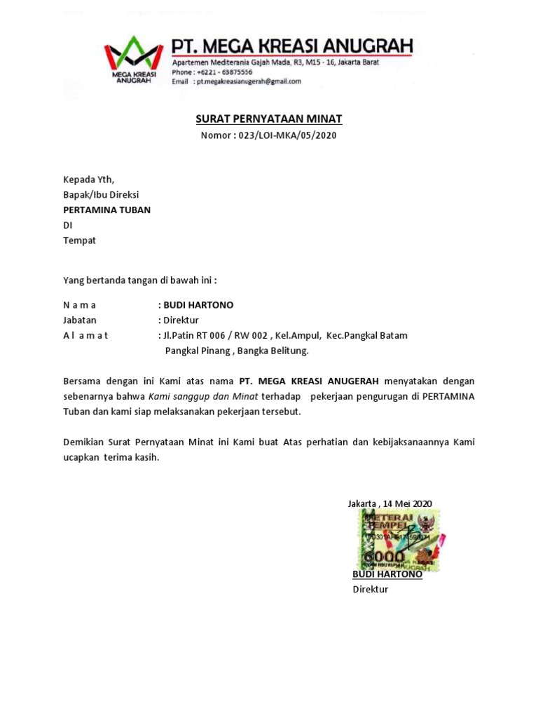 Surat Pernyataan Minat Pt. Mka | PDF