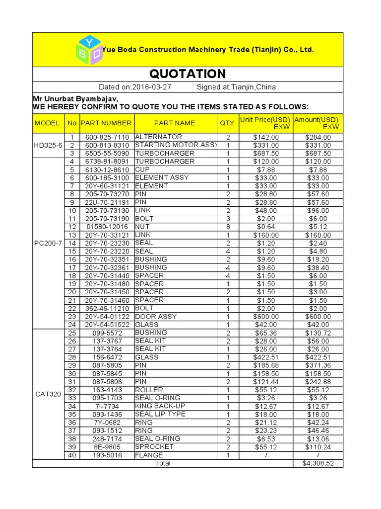 Construction Machinery Parts Quotation | PDF | Business