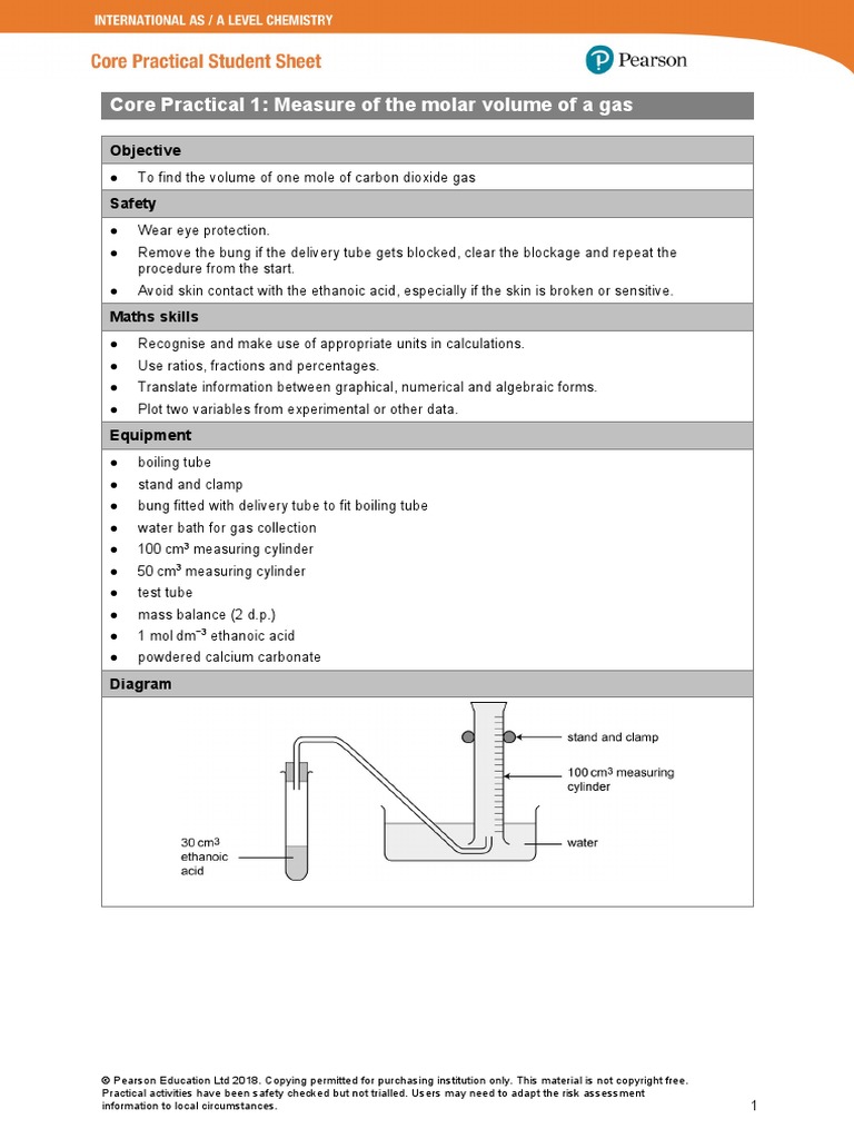 Core Practical 1: Measure of The Molar Volume of A Gas: Objective | PDF ...