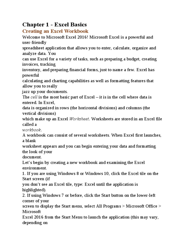 Chapter 1 - Excel Basics: Creating An Excel Workbook | PDF