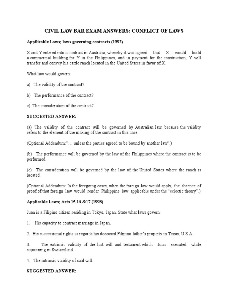 Civil Law Bar Exam Answers Conflict of Laws Appilicable Laws Laws