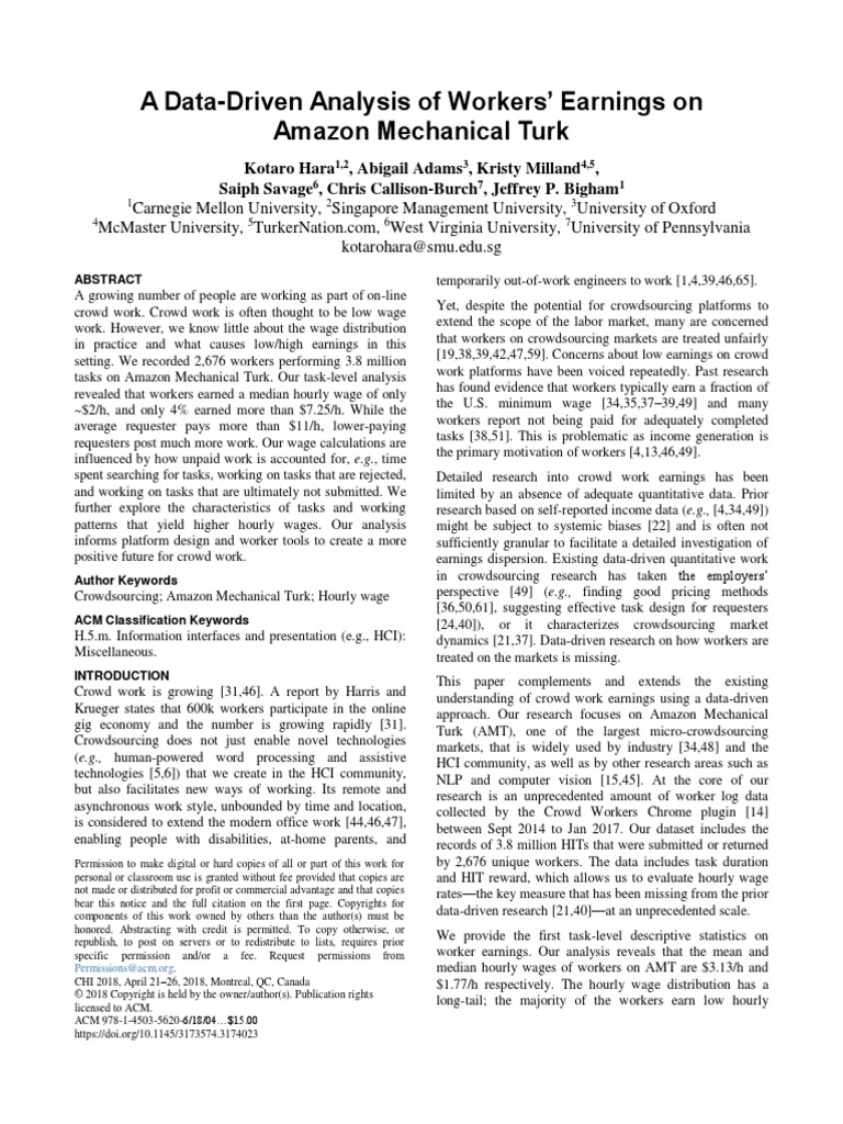 Data Driven Analysis of Workers Earnings On Amazon Mechanical Turk