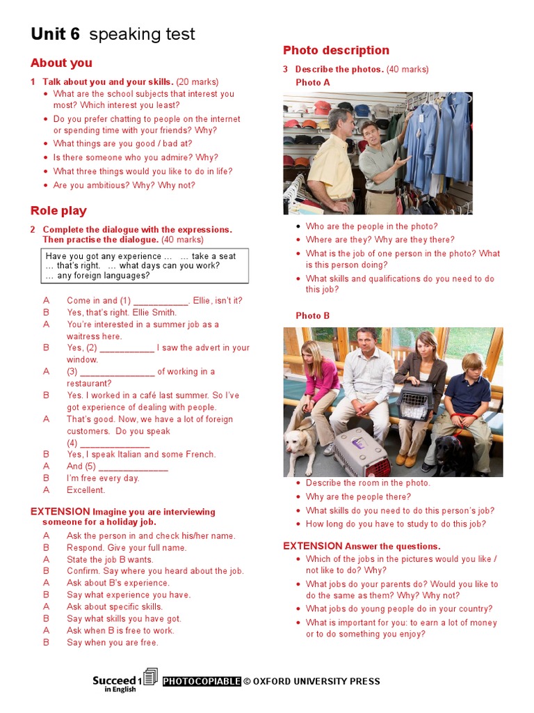 Unit 6 Speaking Test: About You Photo Description | PDF