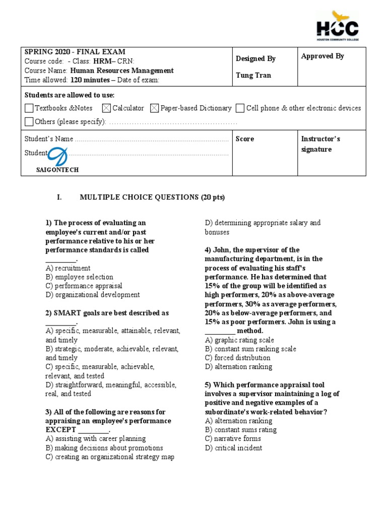 Final Examination - Spring 2020 | PDF | Piece Work | Performance Appraisal