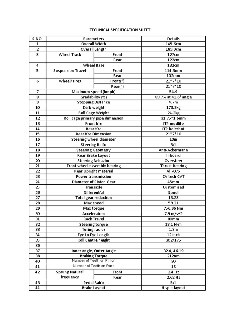 Technical Specification Sheet | PDF | Steering | Transmission (Mechanics)