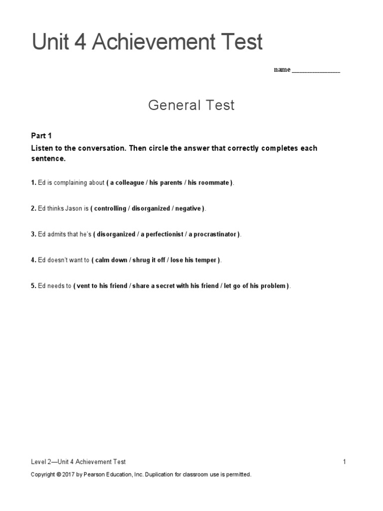 Unit 4 Achievement Test | PDF | Perfectionism (Psychology)
