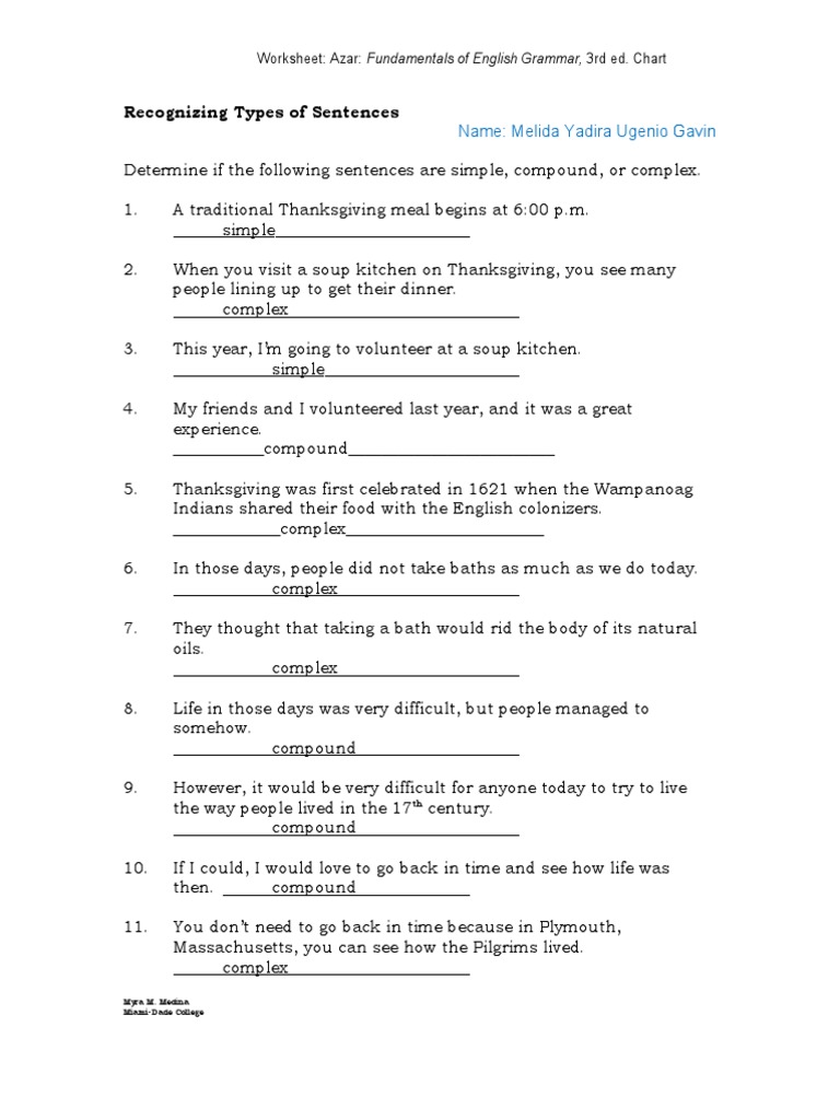 Recognizing Types of Sentences: Name: Melida Yadira Ugenio Gavin | PDF ...
