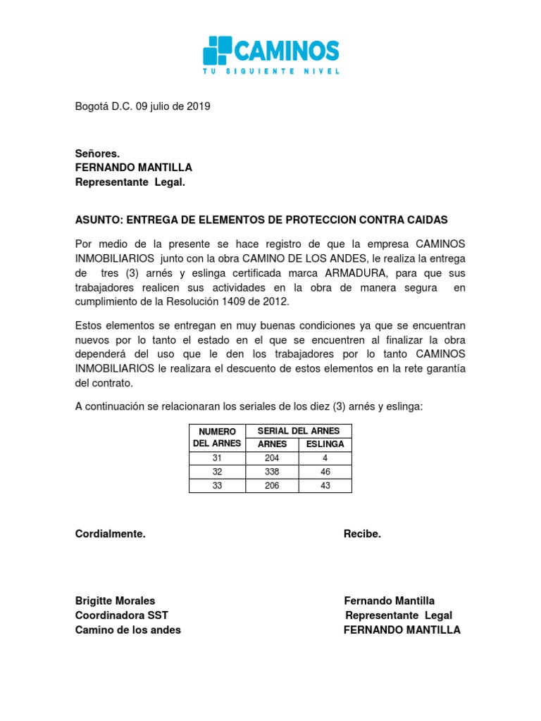Carta Entrega Arnes Electricos  PDF