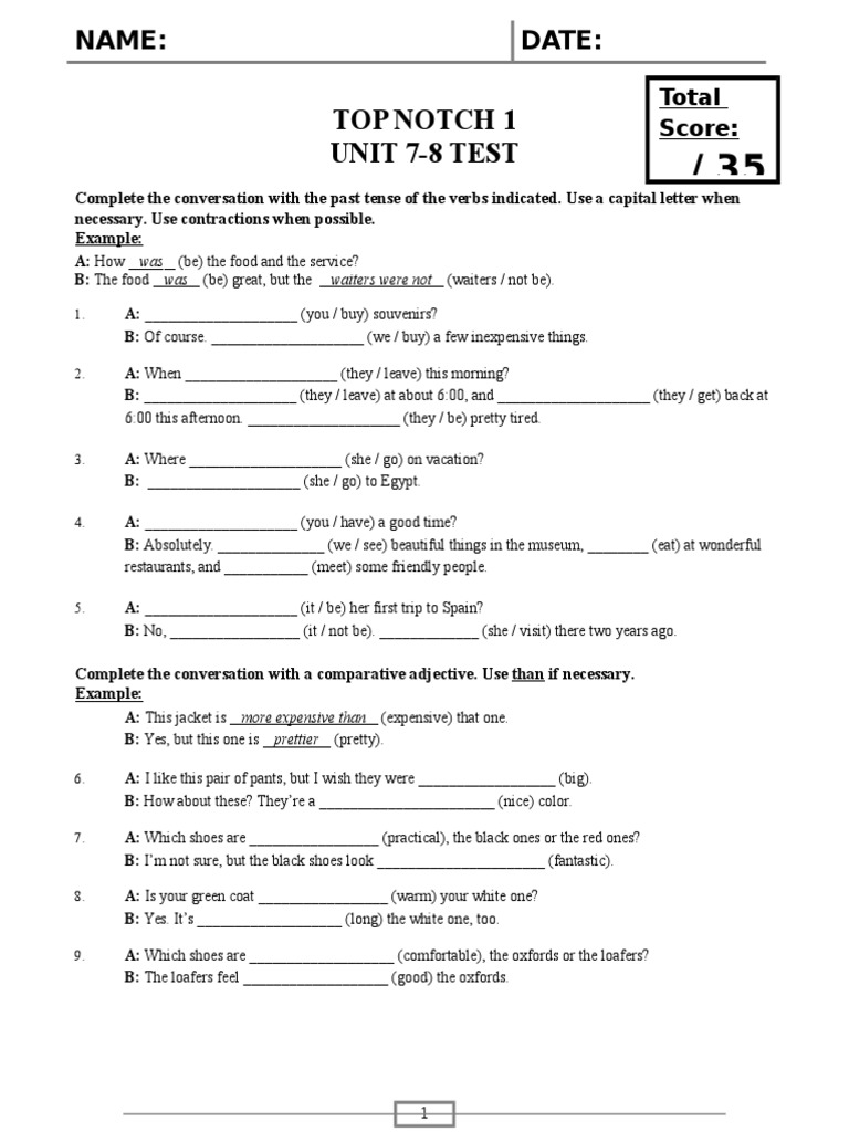 Top Notch 1 Unit 78 Test Name Date PDF Grammar Syntax