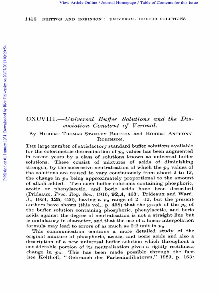 CXCVIII, Universal Buger Solutions and The Sociation Constant Veronal