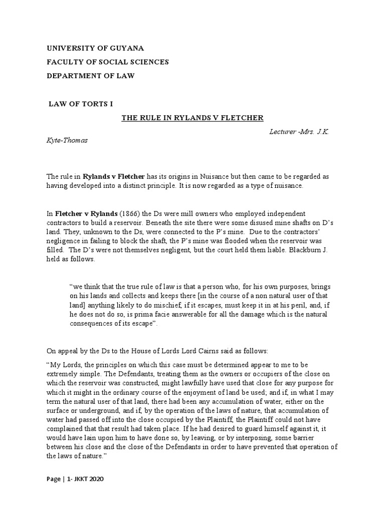 The Rule in Rylands v Fletcher Explained | PDF | Tort | Common Law