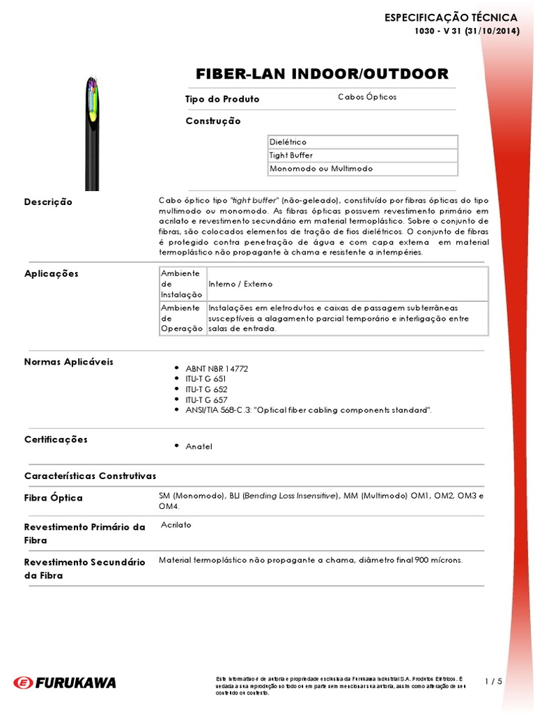ESPECIFICAÇÃO TÉCNICA Furukawa ET1030 Download grátis PDF Fibra