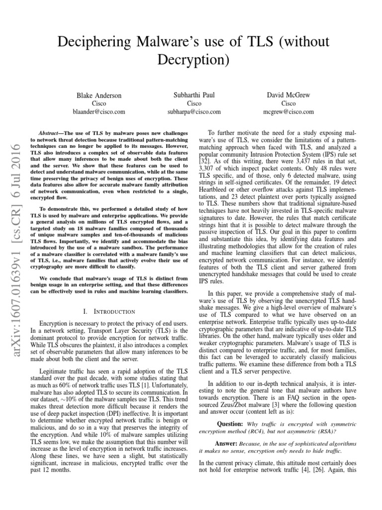 Analyzing Malware's TLS Usage PDF Transport Layer Security