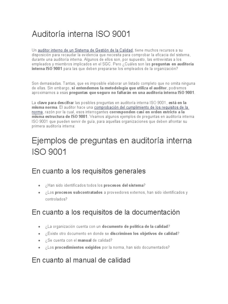 Auditoría Interna ISO 9001 Ejemplos | PDF | Auditoría | Sistema de ...