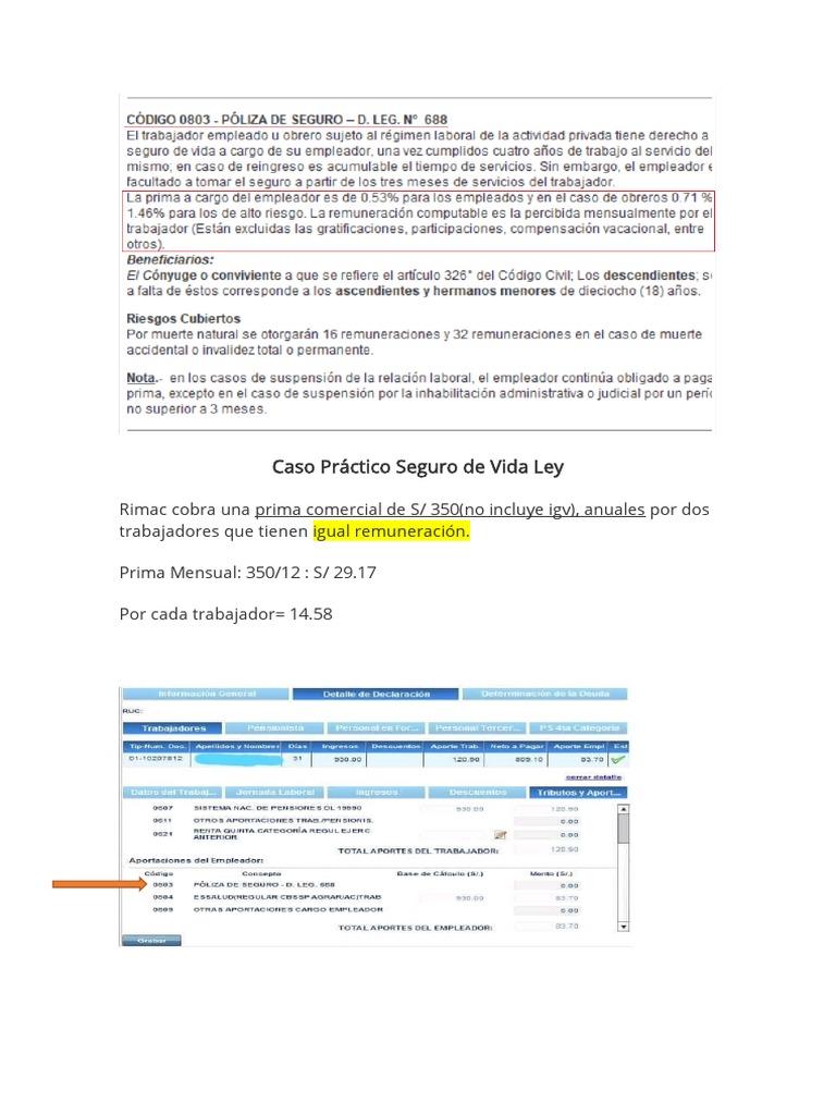 Seguro de Vida Ley: Caso Práctico Rimac | PDF