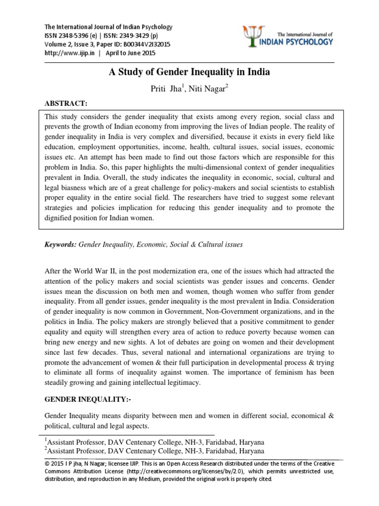 A Study of Gender Inequality in India: Priti Jha, Niti Nagar | PDF ...