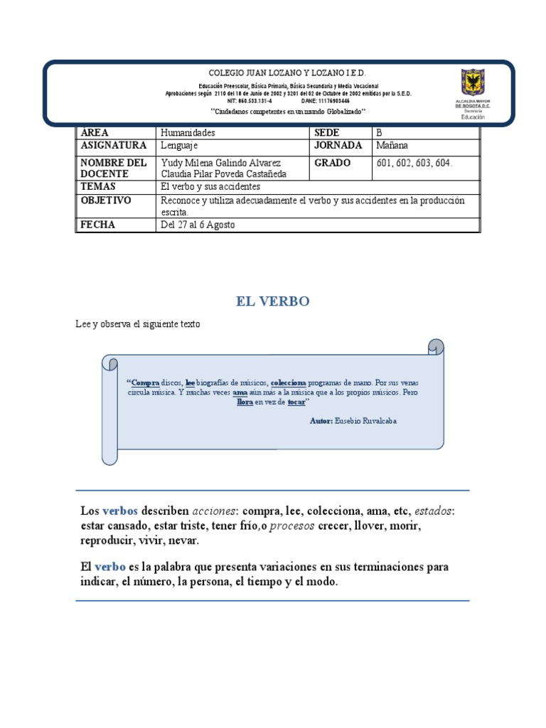 Lenguaje 6o. El Verbo G2 2P | PDF | Verbo | Plural