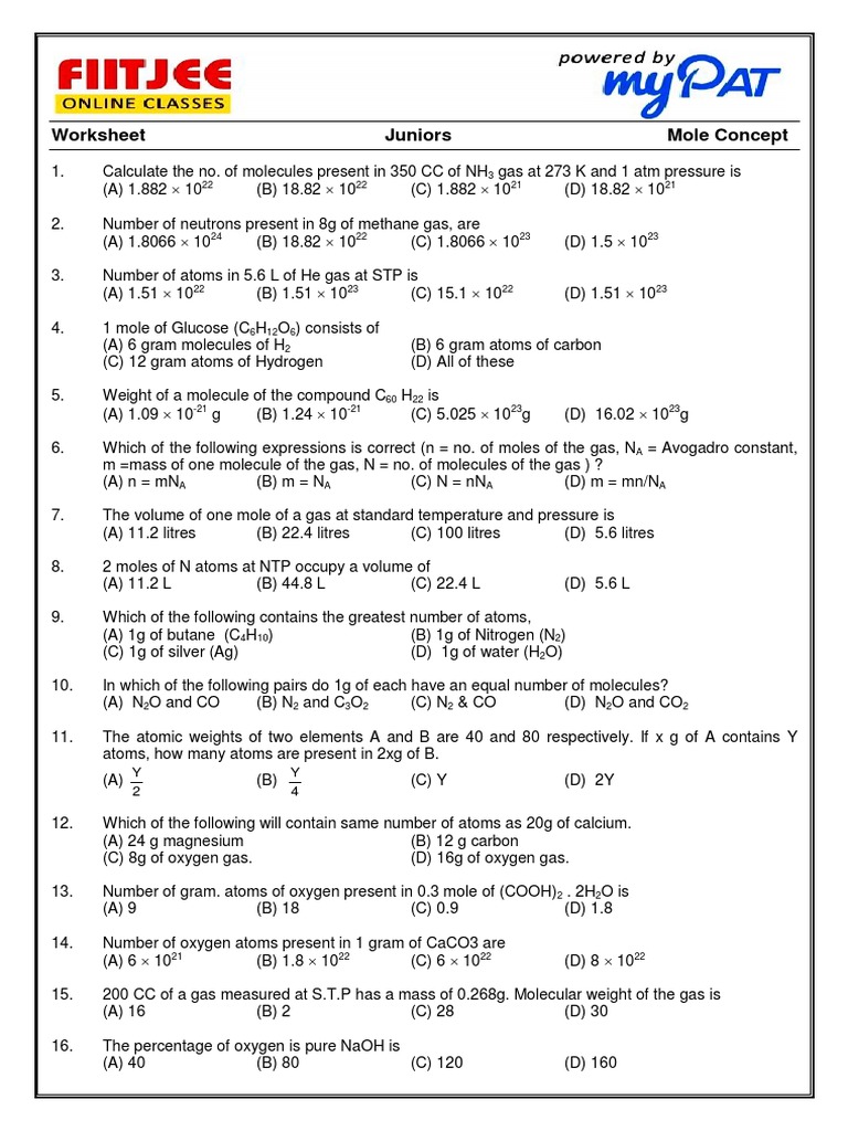 Mole Concept Worksheet for Students | PDF | Mole (Unit) | Gases