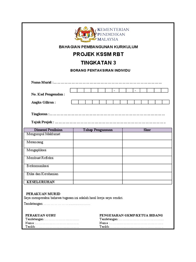 Laporan Projek RBT Tingkatan 3 | PDF