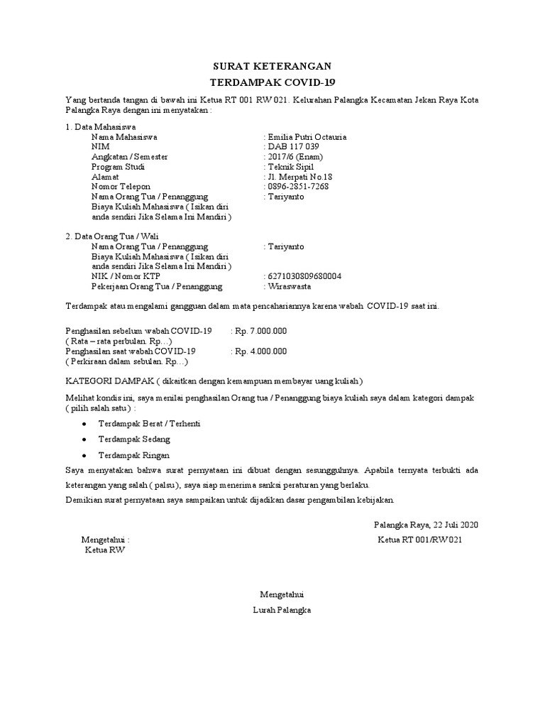 Surat Keterangan Terdampak Covid 19 Rt Rw Kelurahan