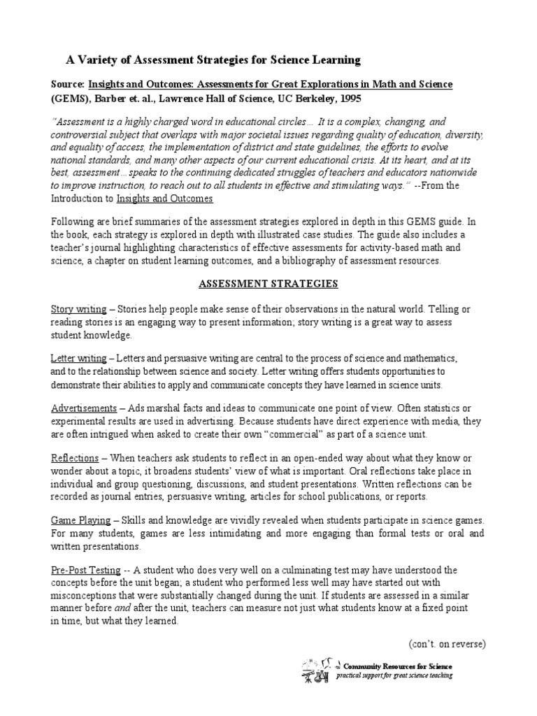 Assessment Strategies for Science Learning | PDF | Science | Teachers
